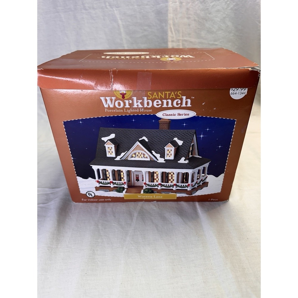 2003 Wisteria Lane Santa's Workbench Porcelain Lighted Christmas House